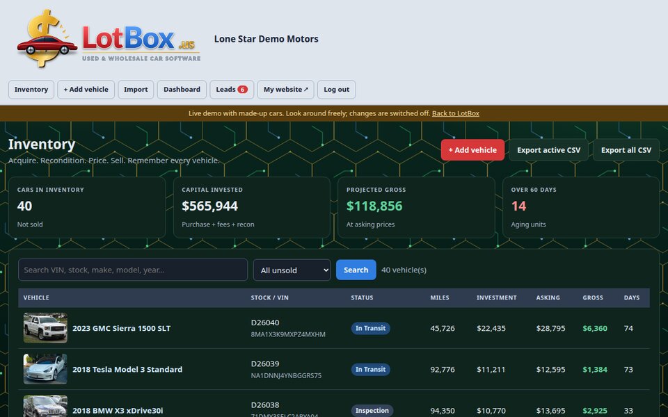 LotBox back office inventory list